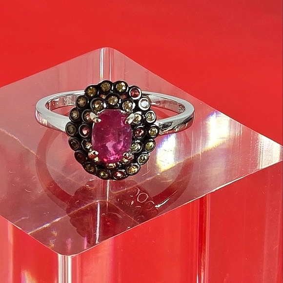 925 Sterling Silver with Natural Ruby 7x5mm & Sapphire Ring Sz 8.25 - Picture 6 of 8